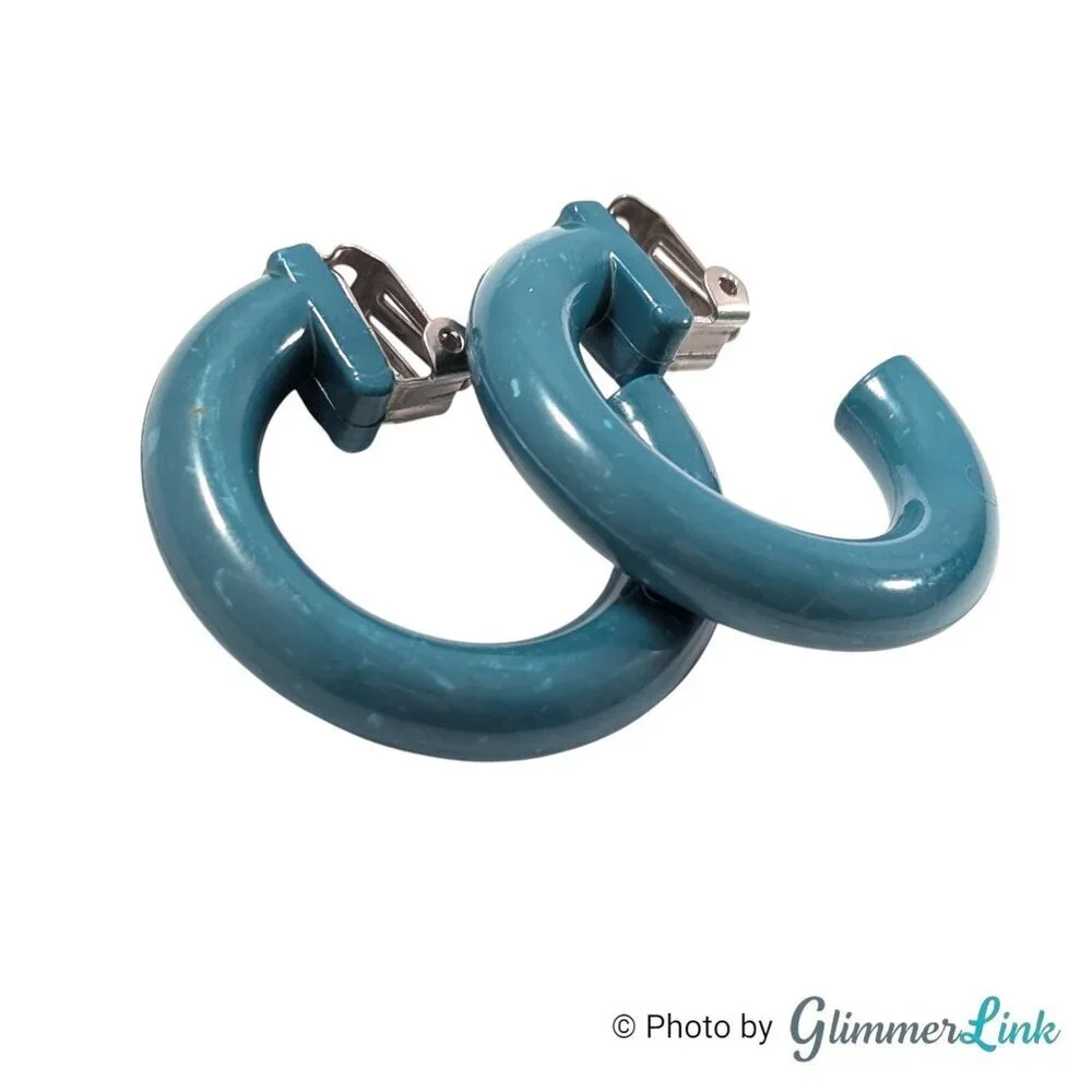 Vintage Dark Teal Plastic Hoop Clip On Earrings